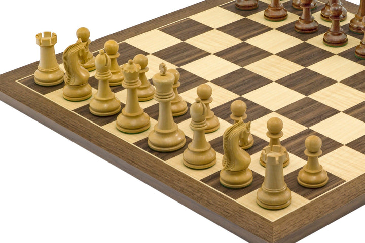 The Leningrad Acacia and Walnut Chess Set with large, quality carved pieces on a 19.7 inch walnut and maple board with 2.17 inch squares.