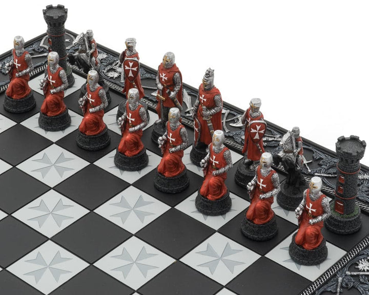 Hand-painted Knights Templar Crusade chess set pieces on intricately detailed resin board, showcasing medieval symbols and stunning designs.