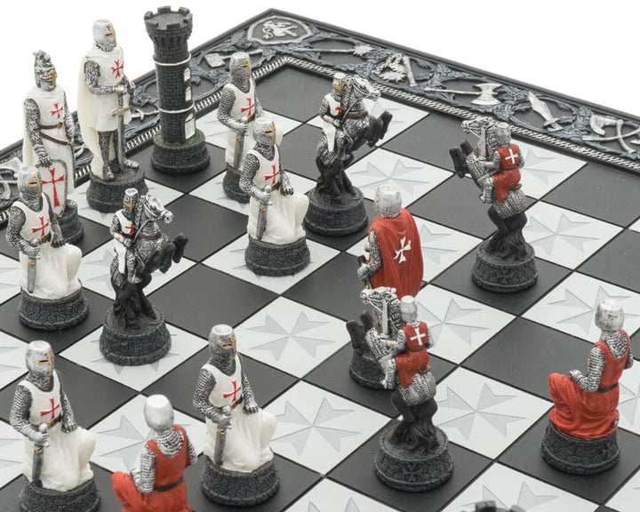 Hand-painted Knights Templar Crusade chess set with detailed resin pieces on an intricately designed medieval-themed board.