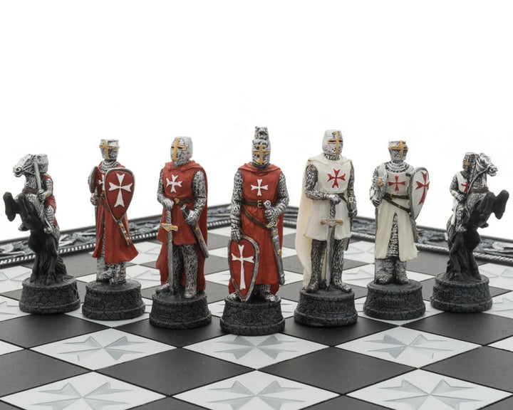 Hand-painted Knights Templar Crusade chess pieces on intricately detailed board, crafted from resin, featuring medieval symbols.