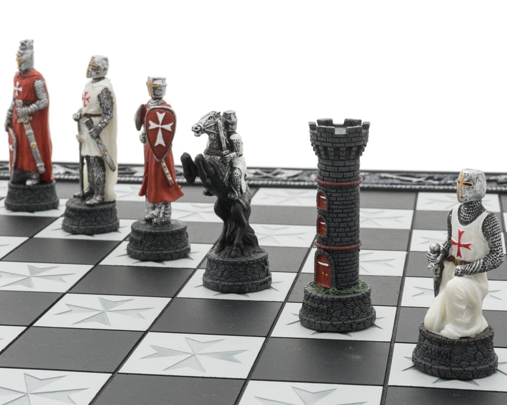 Hand-painted resin Knights Templar Crusade chess pieces on detailed chessboard