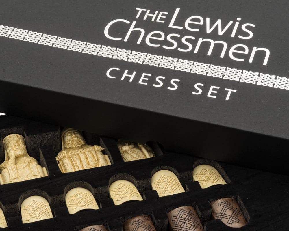 The Isle of Lewis Montgoy Palisander Grand Chess Set pieces in gift packaging