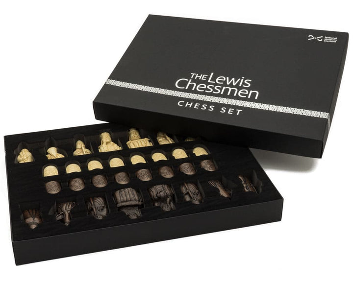 The Isle of Lewis Montgoy Palisander Grand Chess Set with laser-scanned pieces in open black gift box.