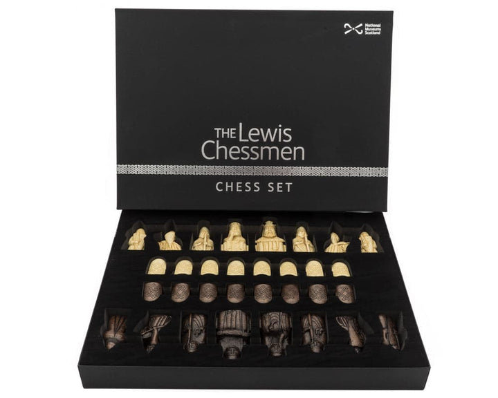 The Isle of Lewis Montgoy Palisander Grand Chess Set pieces displayed in box with lid open.