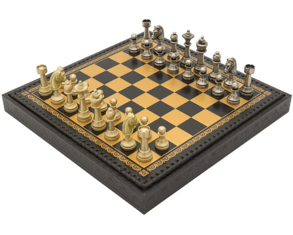 The Turin Nero Italian Chess Set with gold and black leatherette board, featuring intricately detailed chessmen. Made in Italy.