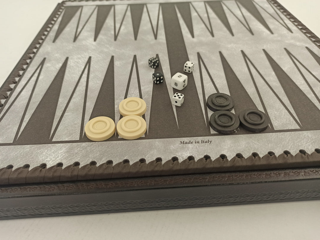 Italian backgammon board with dice and playing pieces, part of the Turin Nero Chess Set.