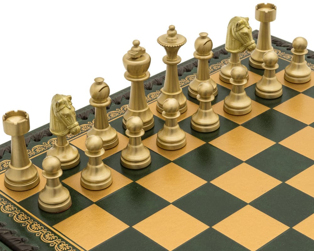 The Turin Verde Italian Chess Set on green and gold leatherette chess board showing detailed and weighted gold chess pieces