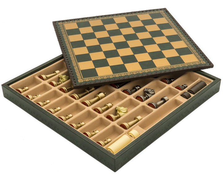 The Turin Verde Italian Chess Set with green and gold leatherette chess board, weighted pieces, and compartmentalized storage.