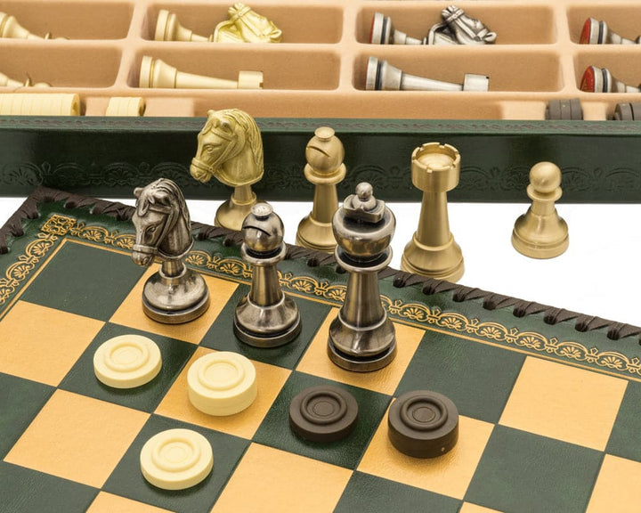 The Turin Verde Italian Chess Set with chessmen on green and gold leatherette board, backgammon pieces, and dice compartment.