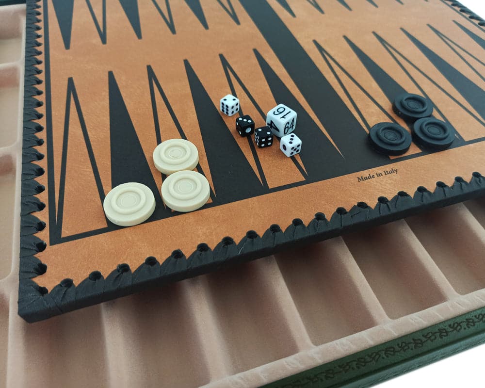 Italian backgammon board with dice and draughts pieces on luxury cabinet