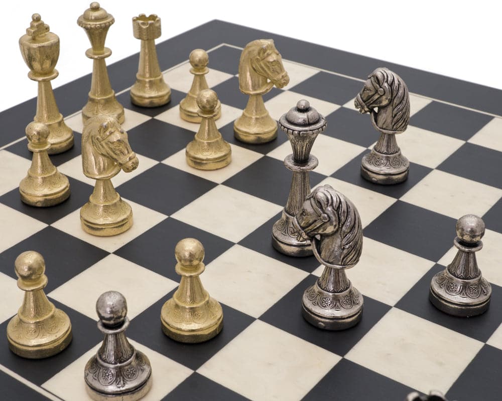 Finnesburg and Black Classic Chess Set with brass and nickel pieces on a 15.75-inch board.