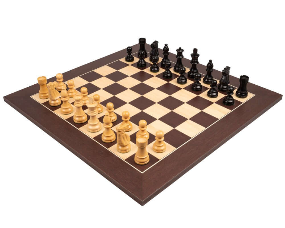 The French Knight Black and Wenge Chess Set with Classic Staunton design on a 19.7 inch Spanish board.