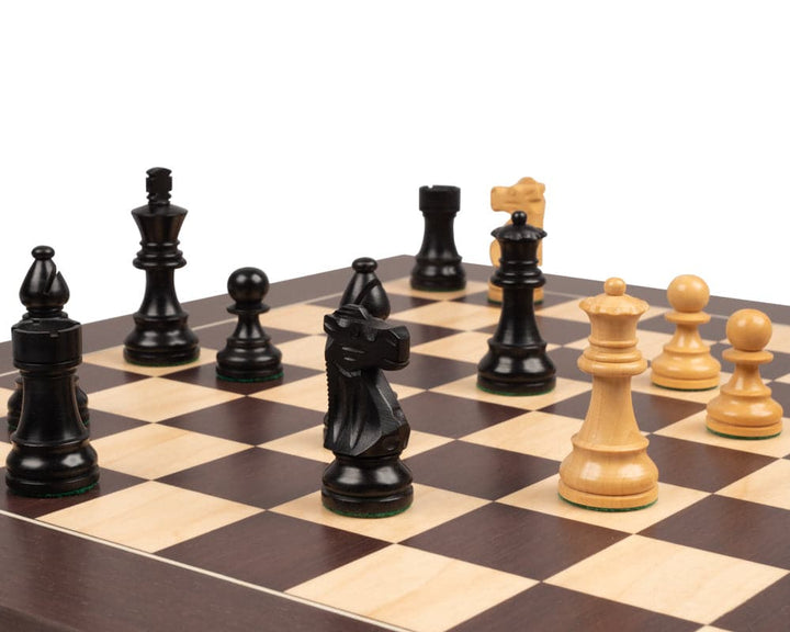 The French Knight Black and Wenge Chess Set on 19.7 inch Spanish board, showing handcrafted classic Staunton design pieces.