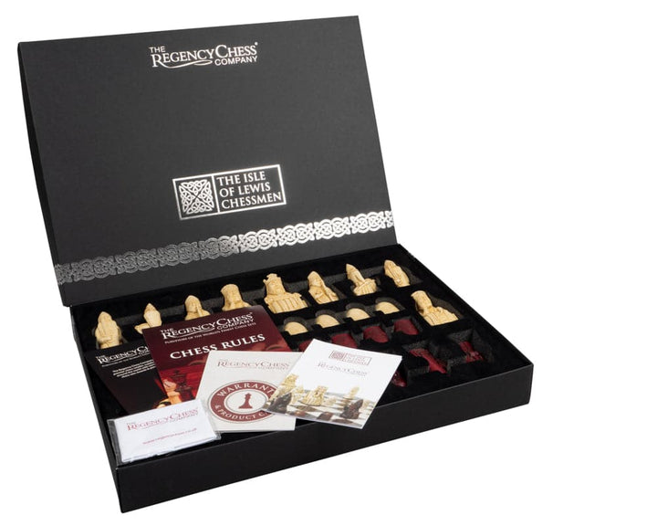 The Isle of Lewis Black and Red Chess Set with gift packaging and accessories