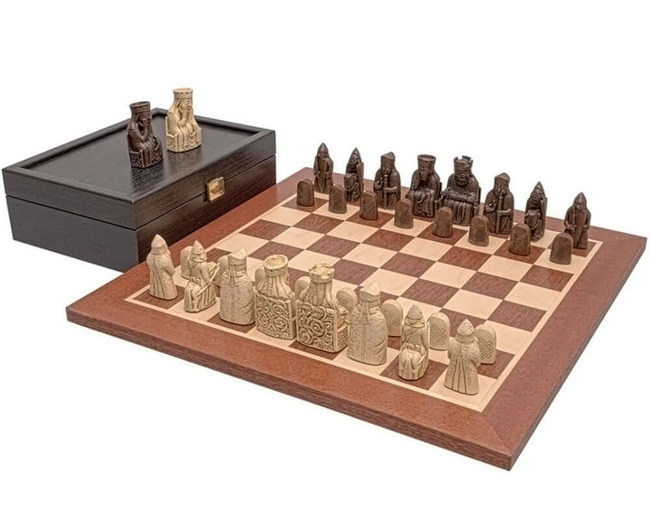 Luxurious Regency Isle of Lewis and Mahogany Chess Set with 2.75-inch king, 15.75-inch Spanish board, wenge storage box, and resin pieces