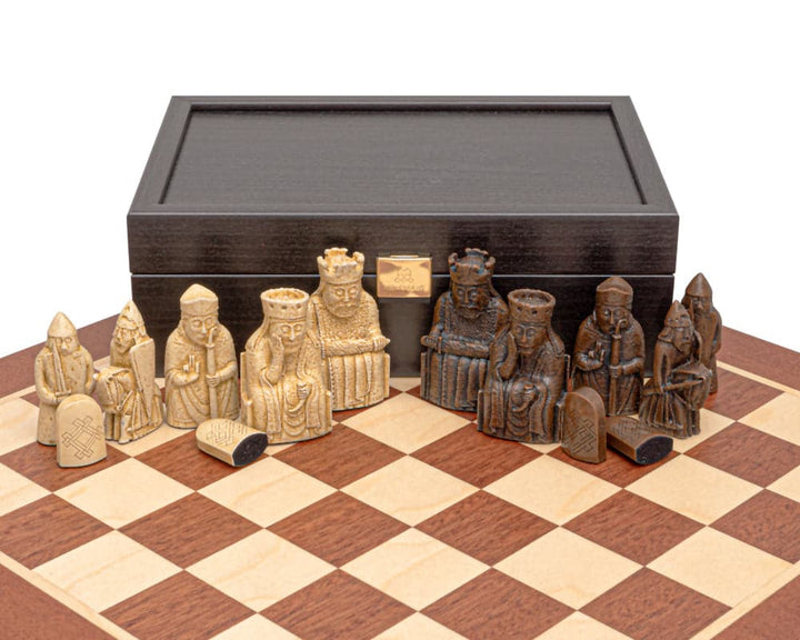 Regency Isle of Lewis and Mahogany Chess Set with 2.75 inch king on 15.75 inch Spanish Mahogany Board and Wenge wooden storage box