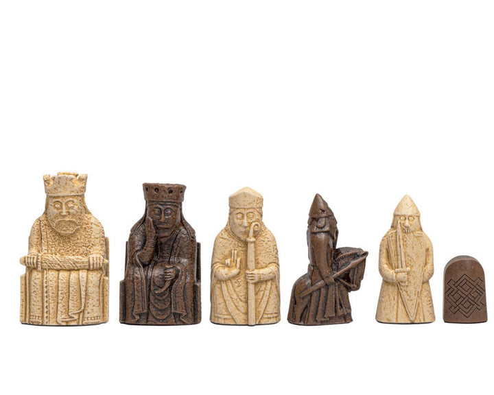 Isle of Lewis chessmen crafted from crushed stone resin, featuring a 2.75-inch king, intricately detailed and made in England