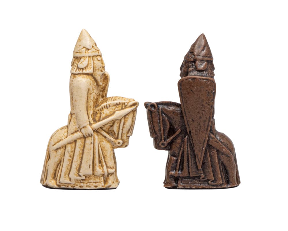 Isle of Lewis chess set knights crafted from crushed stone resin, featuring intricate design and exquisite craftsmanship.