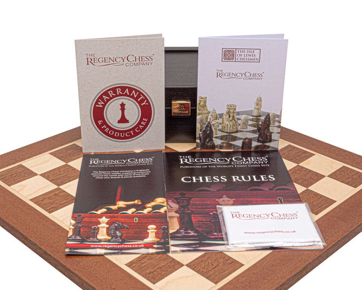 Regency Chess Isle of Lewis and Mahogany Chess Set with Warranty, Chess Rules, and Product Care Instructions on Chess Board