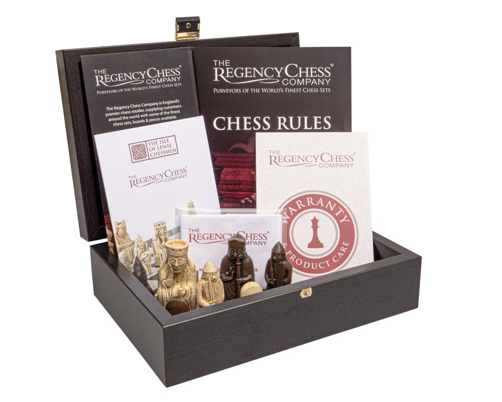 Luxurious Isle of Lewis and Mahogany chess set with chess pieces, warranty, and chess rules from The Regency Chess Company.