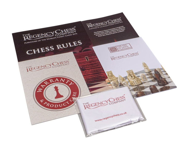 Regency Chess Company product warranty, chess rules, and promotional materials.