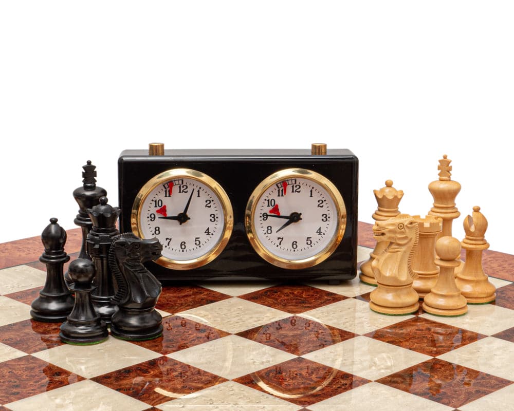 Handcrafted ebony and briarwood chess pieces with chess clock on luxury Briarwood and Elm board with 1.9 inch squares