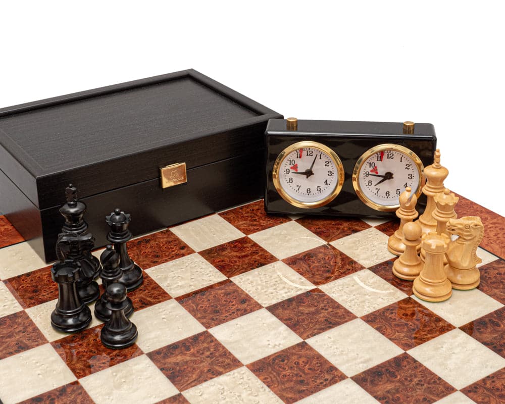 Luxury chess set with handcrafted ebony and briarwood pieces, 20.5-inch board with 1.9-inch squares, chess clock, and storage box.