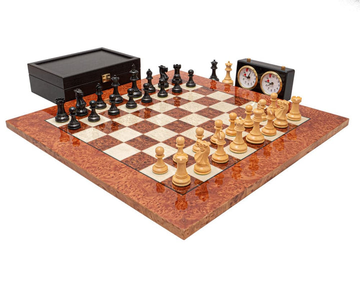 The Highgrove Ebony and Briarwood Luxury Chess Set with felted chess pieces, high grade Briarwood and Elm board, and classic chess clock.