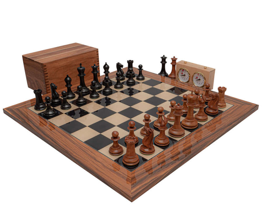 The 1849 Reproduction Staunton Ebony and Antiqued Boxwood Luxury Chess Set on Spanish Board with Wooden Box and Clock