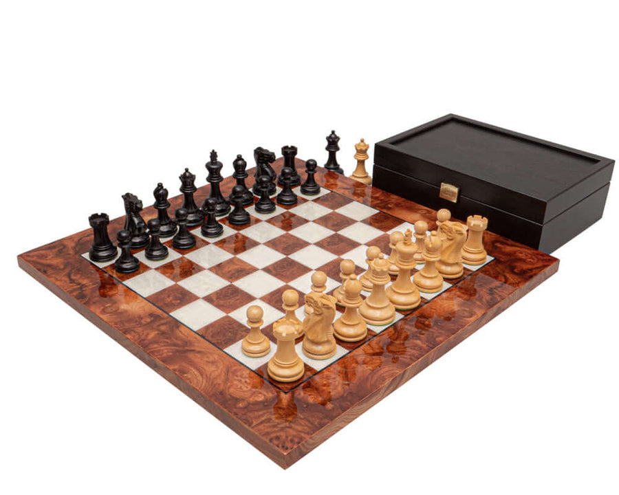 The Highgrove Briarwood and Black Luxury Chess Set with Staunton pieces on a briarwood and elm board with quality chess piece case.