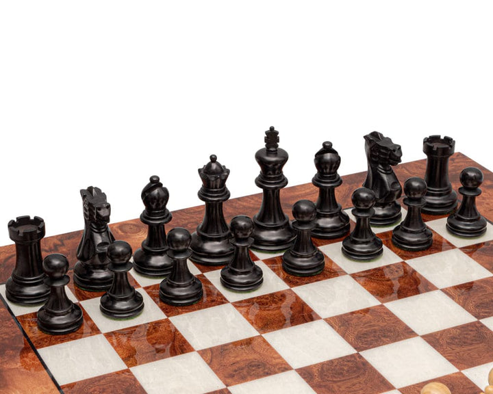 Luxurious Highgrove Briarwood and Black Chess Set with Staunton Design Pieces on a 16.75-inch Italian Briarwood and Elm Board