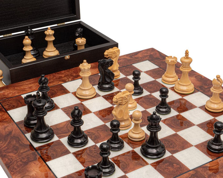 Highgrove Briarwood and Black Luxury Chess Set on Italian board with Staunton pieces and Greek chess piece case