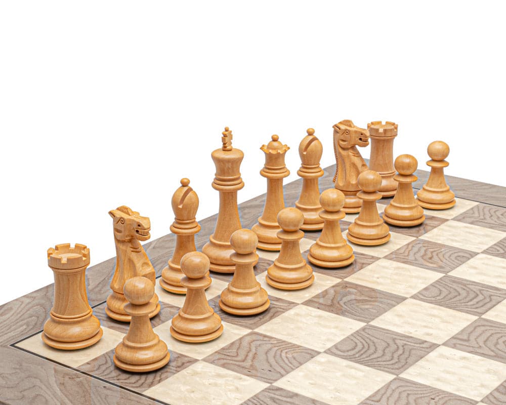 The Victoria Black and Grey Ash Burl Classic Chess Set with 3.75 inch king and 19.7 inch Spanish board