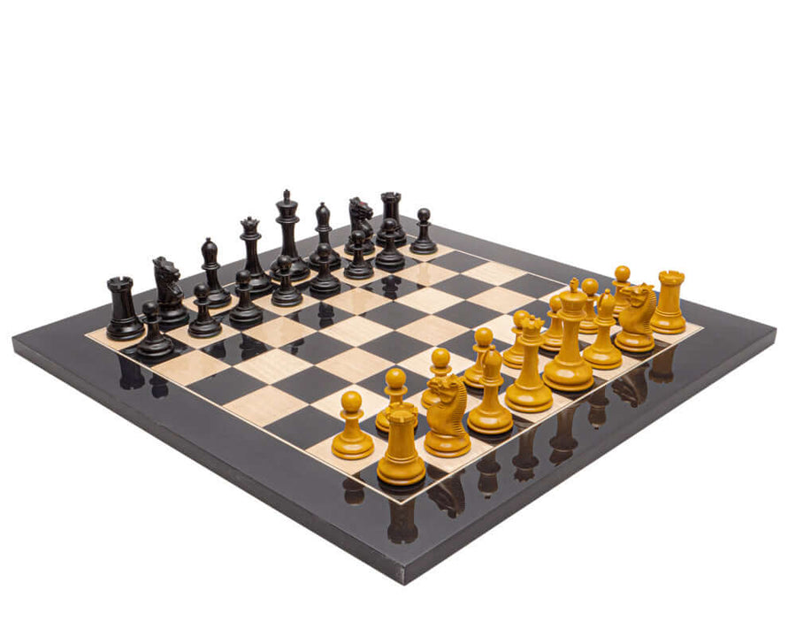 The Harrwitz Black and Anegre Staunton Chess Set with hand-carved boxwood pieces on a high gloss Anegre and Maple board with 1.9 inch squares.