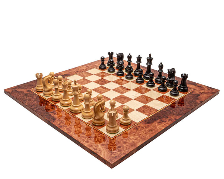 The Leningrad Black and Elm Burl Luxury Chess Set with large, quality pieces on an expertly crafted 21-inch Elm Burl and Maple board.