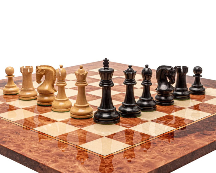 The Leningrad Black and Elm Burl Luxury Chess Set with large ebonized boxwood pieces on a high-quality Elm Burl and Maple veneer board.