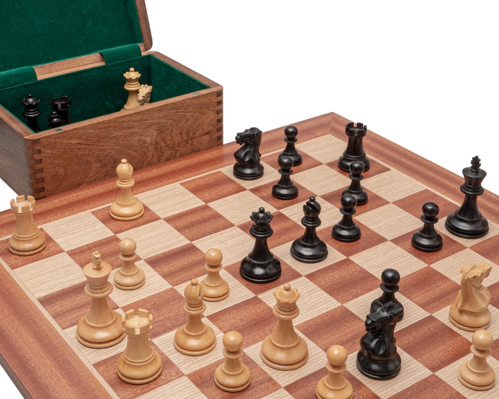 The Tournament Black and Mahogany Chess Set with case and high-quality Staunton chessmen on a beautifully crafted 20 inch board.