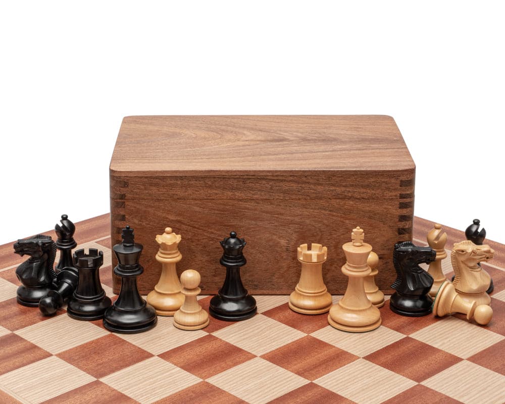 The Tournament Black and Mahogany Chess Set with Staunton design pieces, wooden chess case, and high-quality Mahogany and Birch board