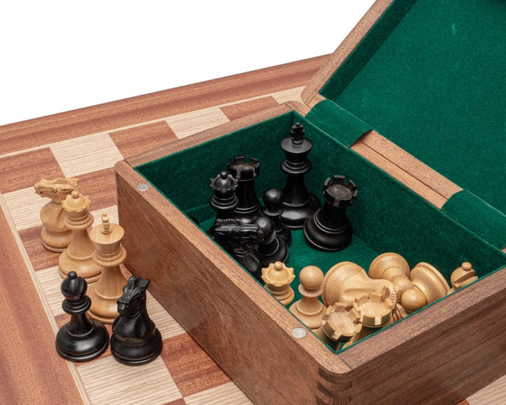 The Tournament Black and Mahogany Chess Set with Staunton design chessmen, solid wood case, and 20-inch board with green felt lining.