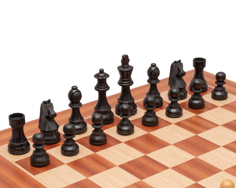 Down Head Knight Tournament Edition Chess Set with 3.75 inch king, black pieces on high quality Mahogany and Birch veneer board with 2 inch squares