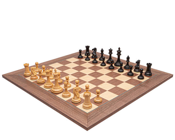 The Rochester Ebony and Walnut Grand Chess Set on a 23.6-inch Spanish board with 2.36-inch playing squares, featuring classic Staunton design pieces.