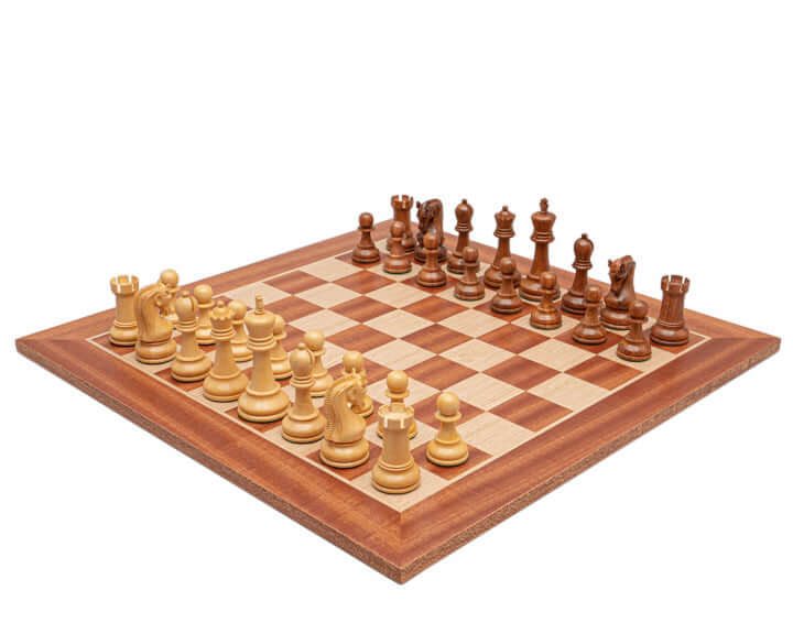 Leningrad Acacia and Mahogany Chess Set with large quality pieces on a 20 inch board with 2 inch squares crafted from high quality veneers.