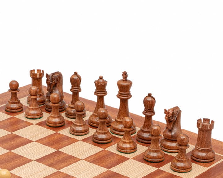 High-quality Leningrad Acacia and Mahogany Chess Set with weighted, felted pieces on a 20 inch Mahogany and Birch veneer board from Greece