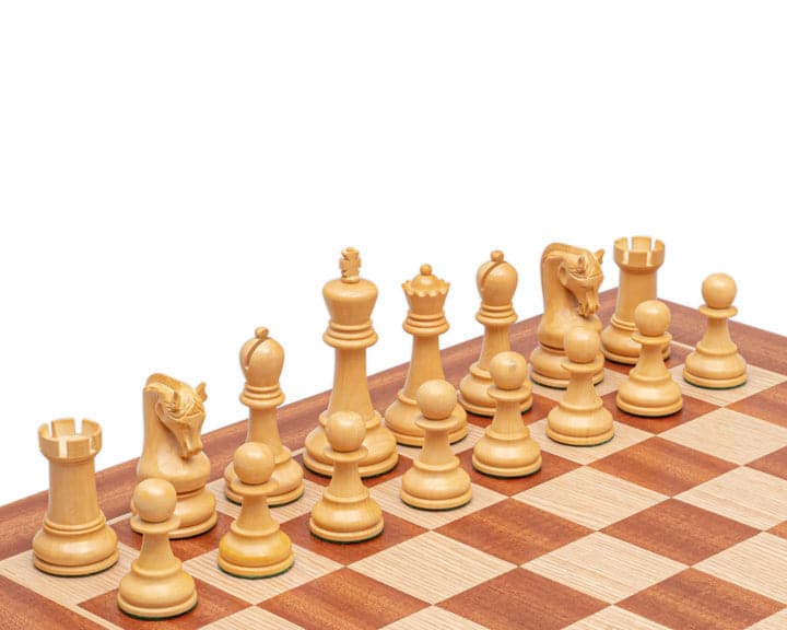 Acacia and mahogany chess pieces on a 20-inch board with 2-inch squares from the Leningrad Acacia and Mahogany Chess Set.