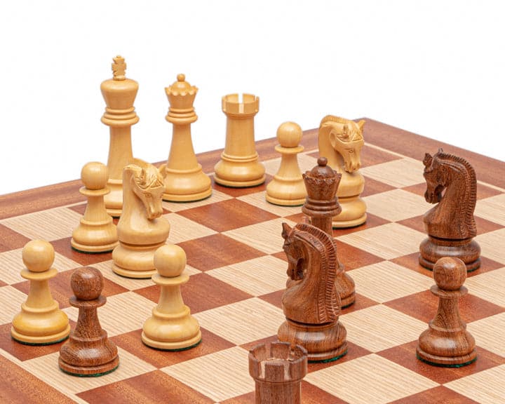 The Leningrad Acacia and Mahogany Chess Set with large, weighted pieces on a 20 inch mahogany and birch board.