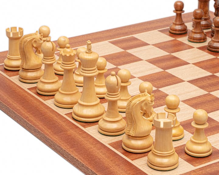 The Leningrad Acacia and Mahogany Chess Set with quality, weighted pieces on 20-inch mahogany and birch board from Greece.