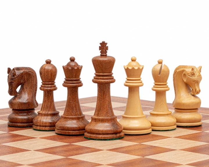 The Leningrad Acacia and Mahogany Chess Set with large, quality pieces on a beautifully crafted board from Greece.