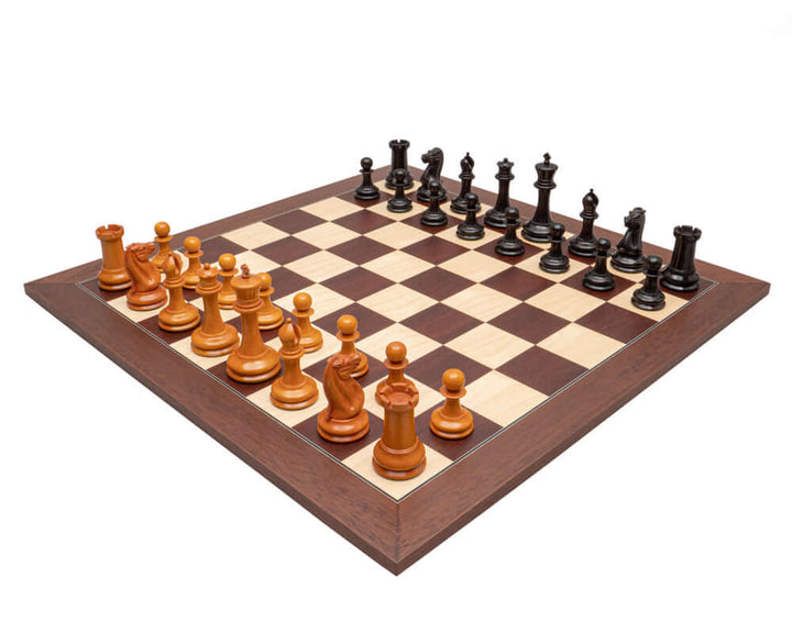 The JJ Cooke Edition Ebony and Montgoy Luxury Chess Set with antiqued boxwood pieces on a 23.6 inch Spanish board with 2.5 inch squares.