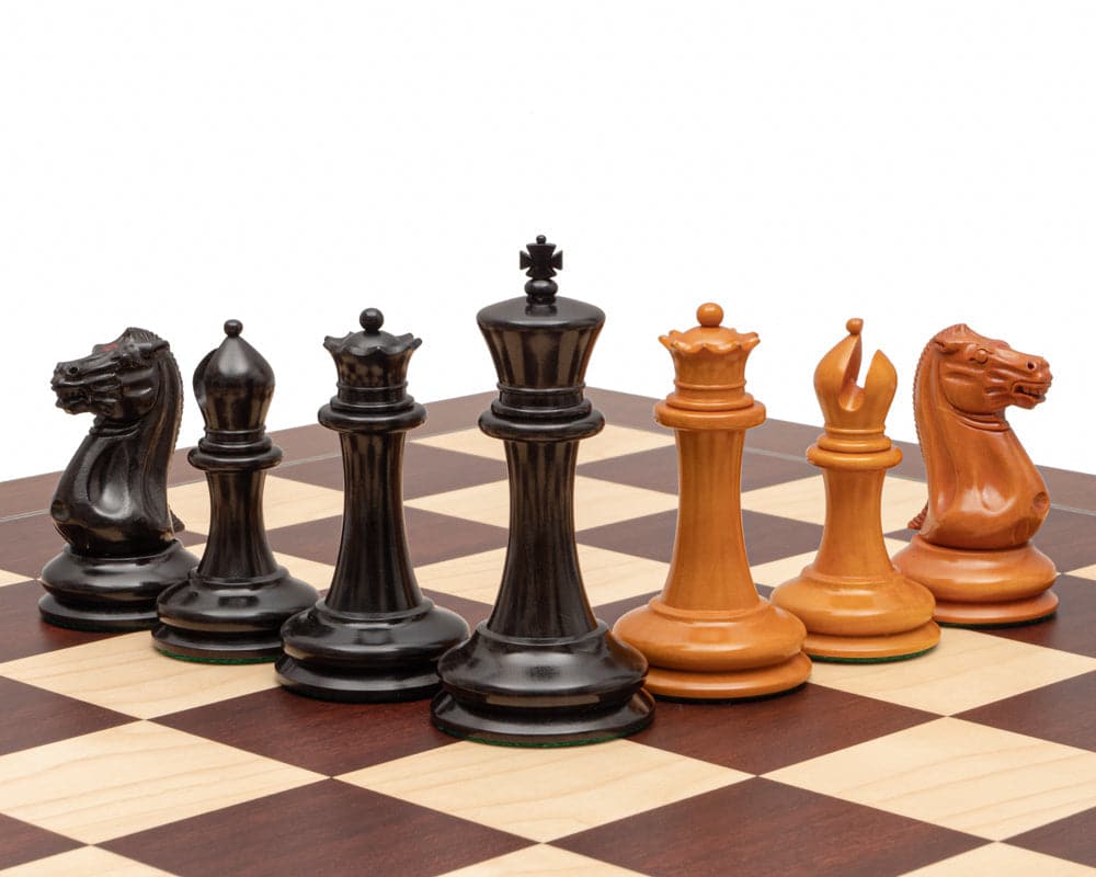 The JJ Cooke Edition Ebony and Montgoy Luxury Chess Set with beautifully crafted ebony and antiqued boxwood pieces on a 23.6 inch Spanish board.