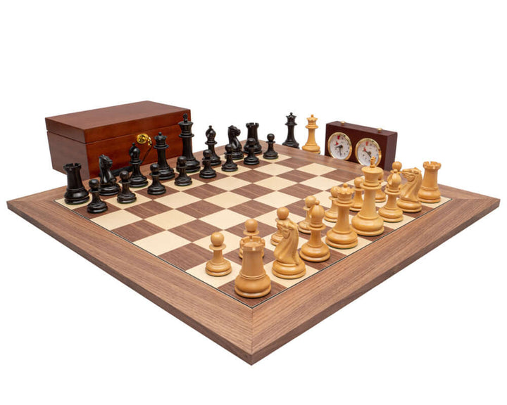 The 1851 Reproduction Ebony and Walnut Luxury Staunton Chess Set with 23.6 inch board, Mahogany Cabinet, and Chess Clock